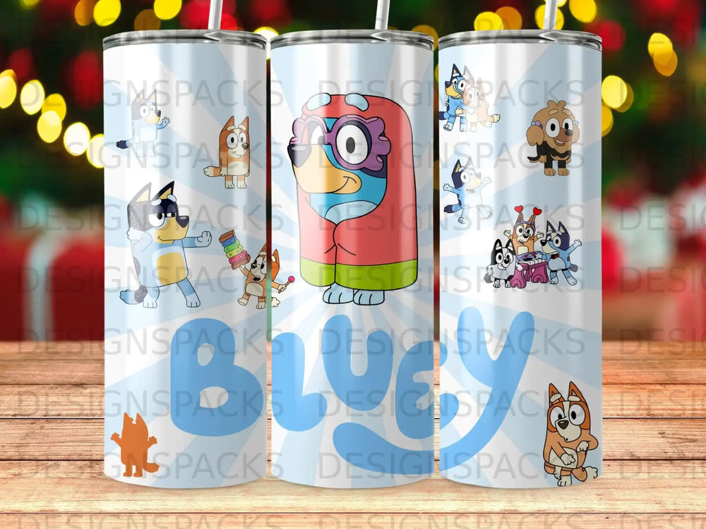 Bluey characters on a sublimation tumbler design with "BLUCY" text.