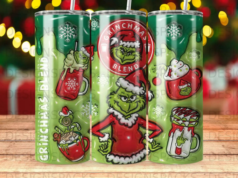 Grinchmas Blend tumbler with Grinch, snowflakes, and holiday drinks.