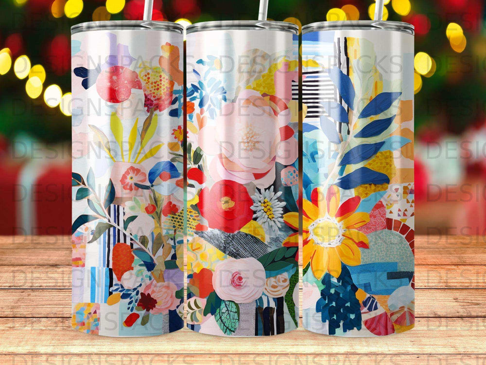 Collage of colorful floral patterns on three tumblers.