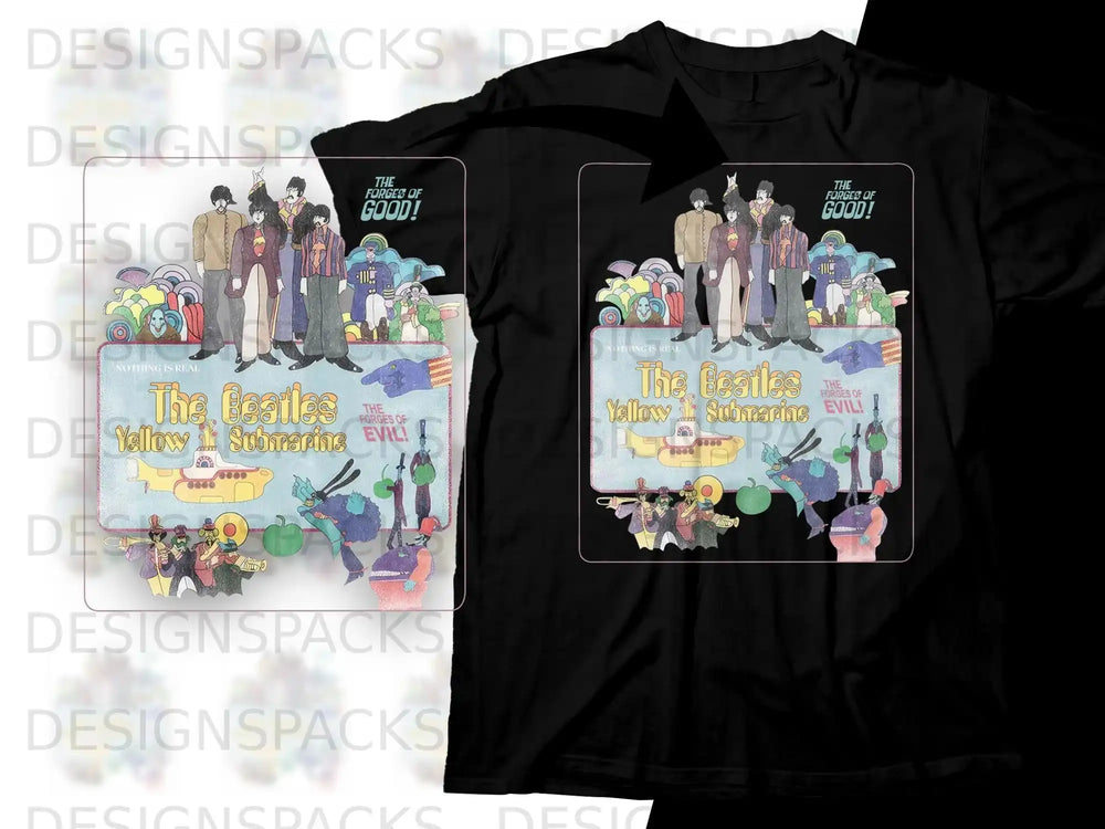 The Beatles' Yellow Submarine album art featuring the band and the F
orces of Good.