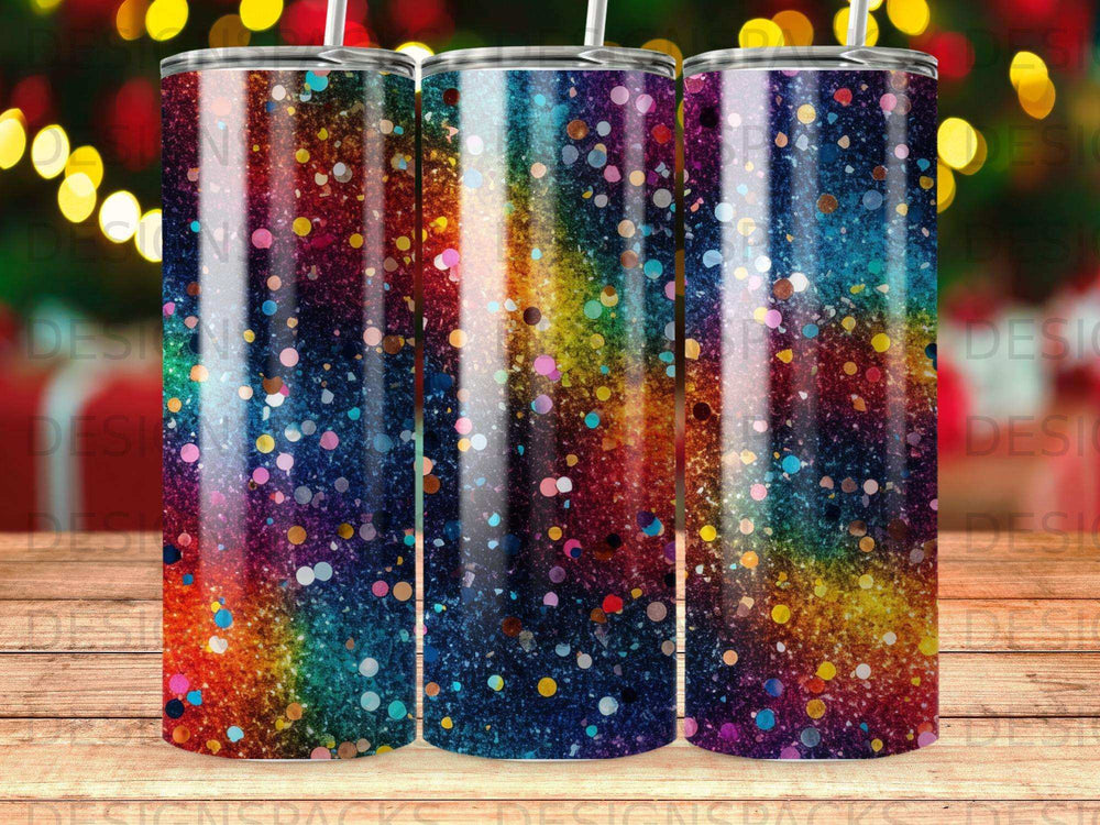 Glittering rainbow gradient tumbler with colorful confetti dots.