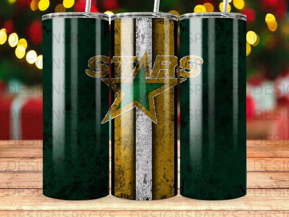 Green and gold tumbler with "STARS" logo and distressed texture.