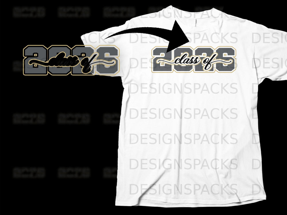 White t-shirt featuring a "class of 2025" graphic in gold and grey.