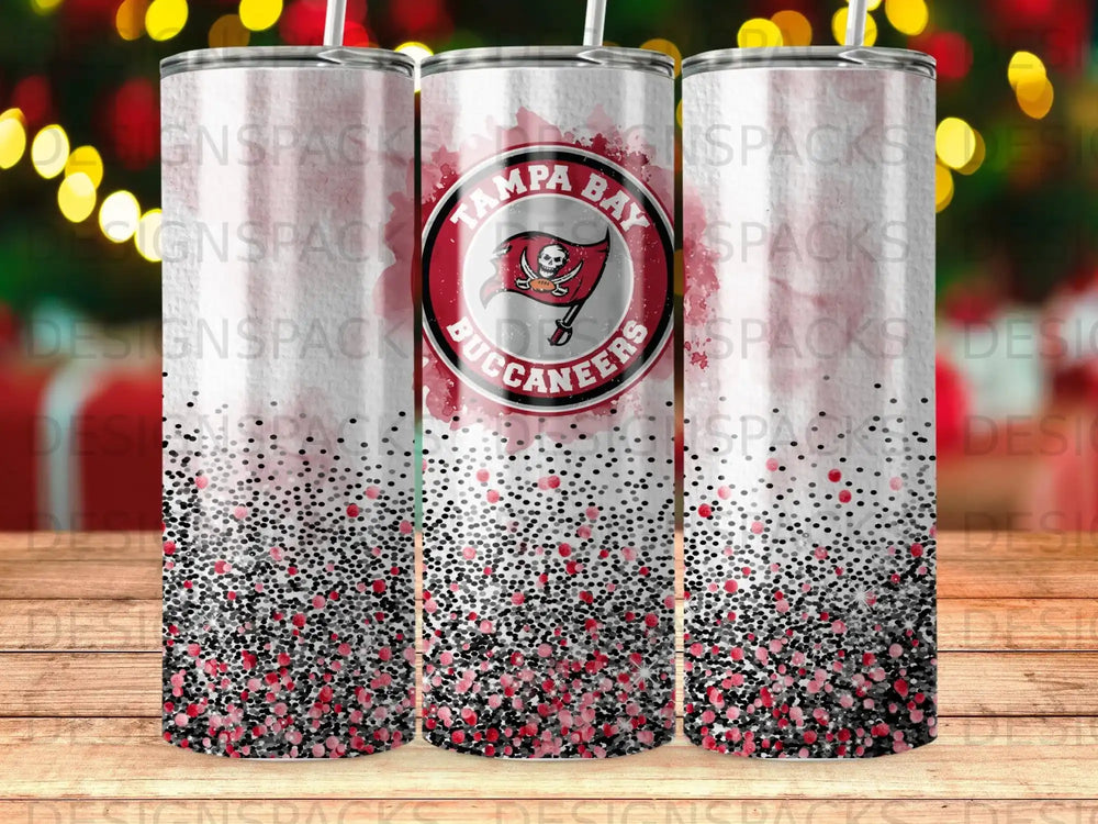 Tampa Bay Buccaneers glitter tumbler with team logo.