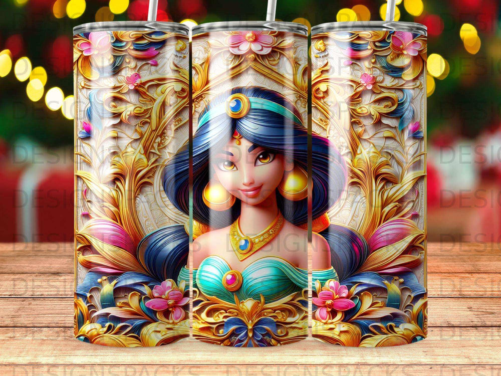 Jasmine from Aladdin on a colorful tumbler with ornate gold trim.