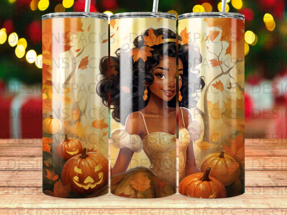 Woman in autumn attire with pumpkins and fall leaves.