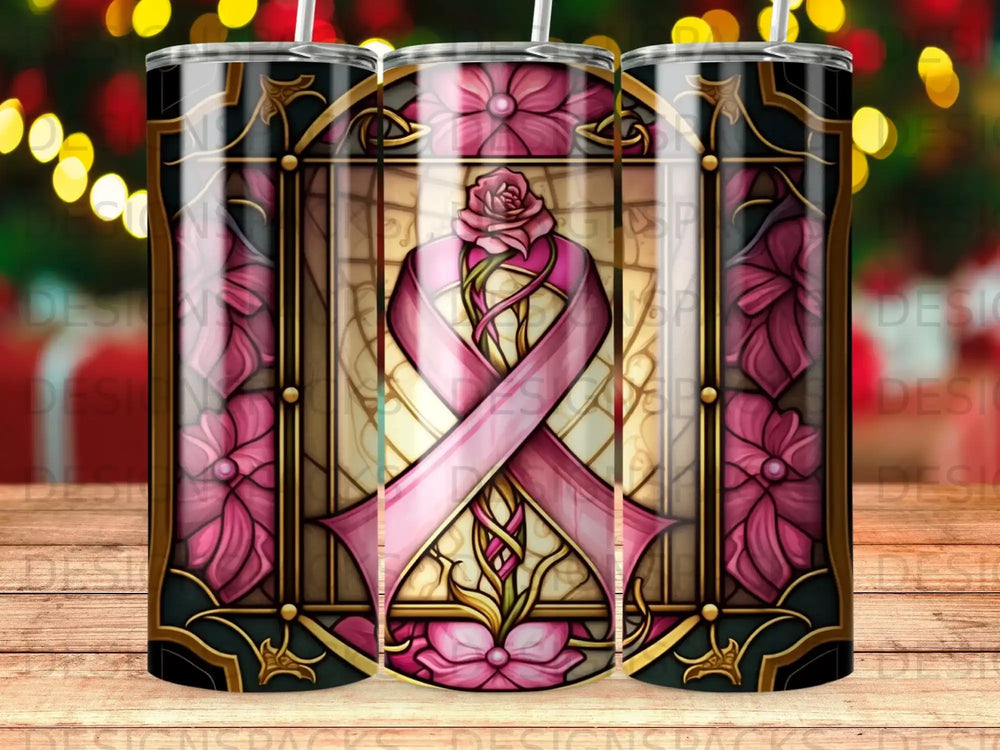 Pink ribbon with flowers and stained glass pattern on a tumbler.