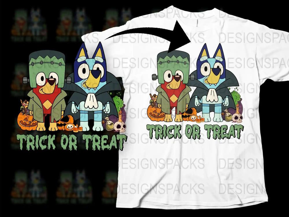 Halloween T-Shirt with Cartoon Dogs, Trick or Treat Design, Kids and Adult Sizes, Spooky Cute Outfit