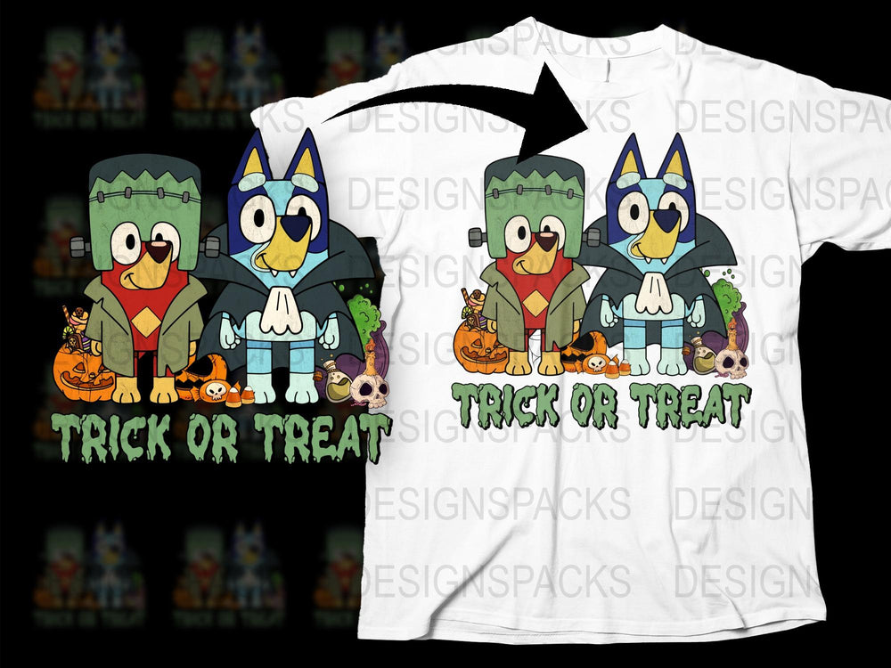 Halloween T-Shirt with Cartoon Dogs, Trick or Treat Design, Kids and Adult Sizes, Spooky Cute Outfit