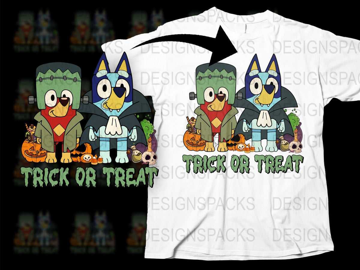 Halloween T-Shirt with Cartoon Dogs, Trick or Treat Design, Kids and Adult Sizes, Spooky Cute Outfit