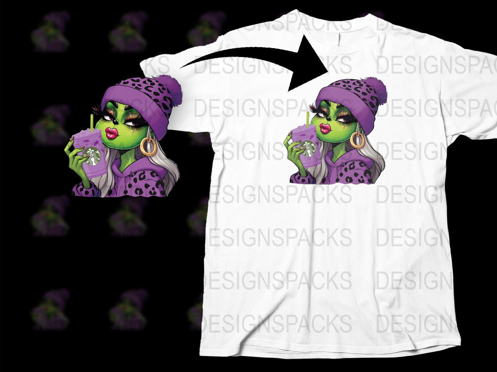 Funky Purple Witch Graphic T-Shirt, Stylish Urban Witchcraft Tee, Unique Halloween Apparel, Fashionable Witch Design Shirt