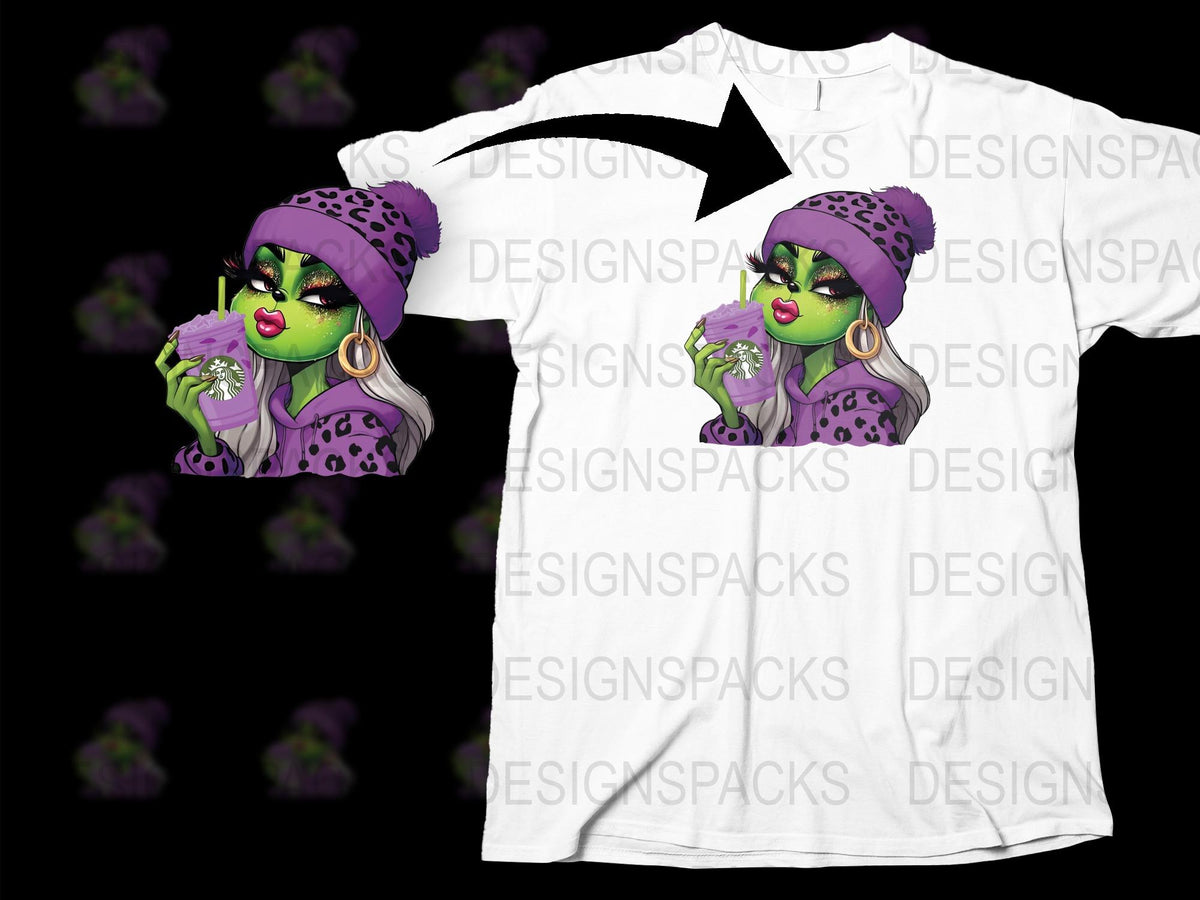 Funky Purple Witch Graphic T-Shirt, Stylish Urban Witchcraft Tee, Unique Halloween Apparel, Fashionable Witch Design Shirt