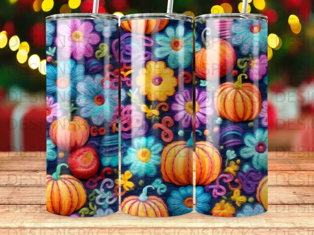 Three tumblers with pumpkins and colorful floral pattern.