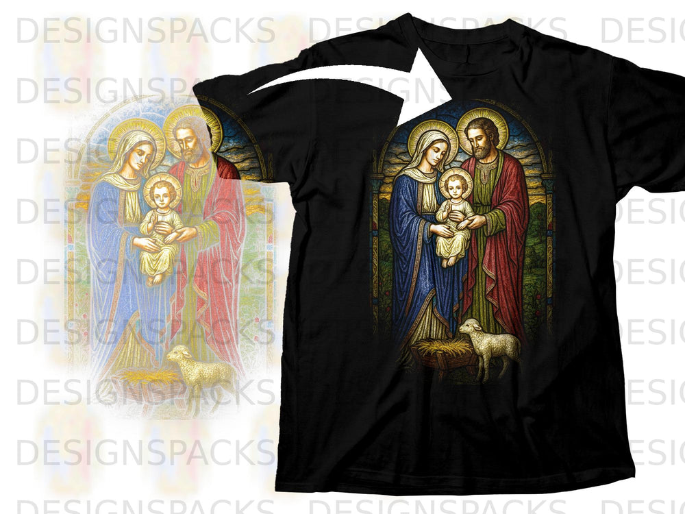 Nativity scene with Mary, Joseph, baby Jesus, and lamb on a black t-shirt.