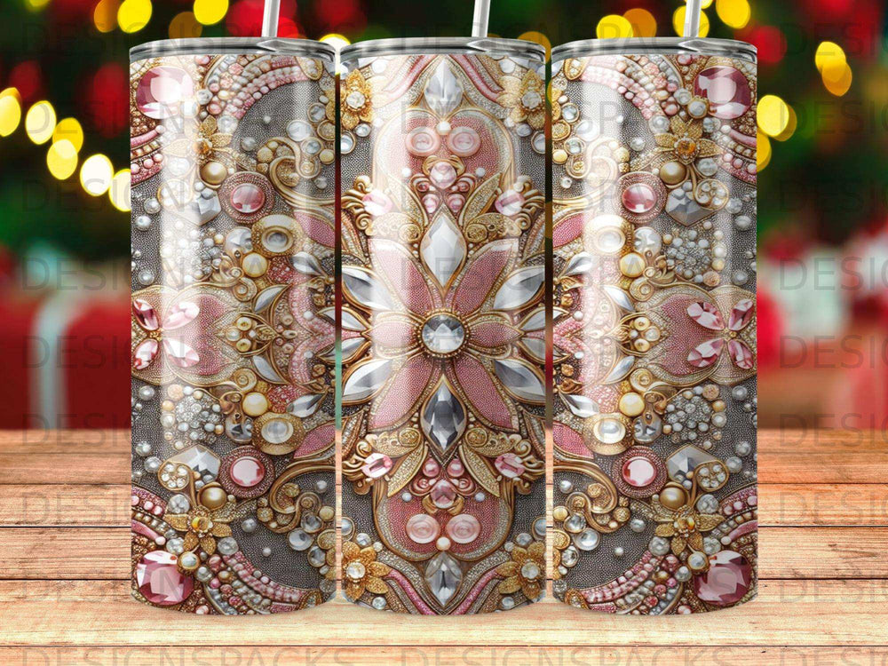 Three identical tumblers with ornate pink and gold floral jewel embellishments.