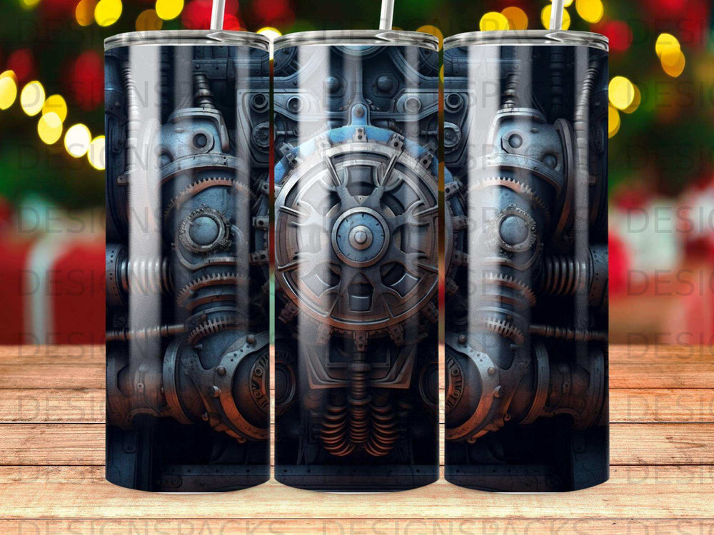 Steampunk-style metal gears and machinery on a cylindrical tumbler.
