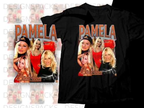 Pamela Anderson graphic t-shirt with lightning detail and brand name.