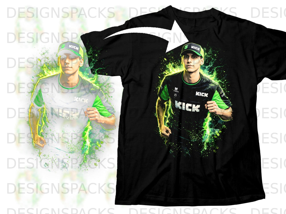 Black t-shirt featuring a graphic of a man in a "KICK" hat and shirt.