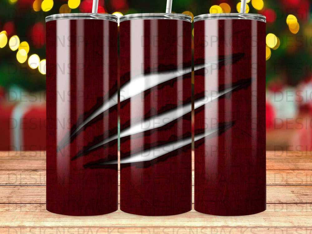 Dark red tumbler with three claw marks and subtle scratch texture.
