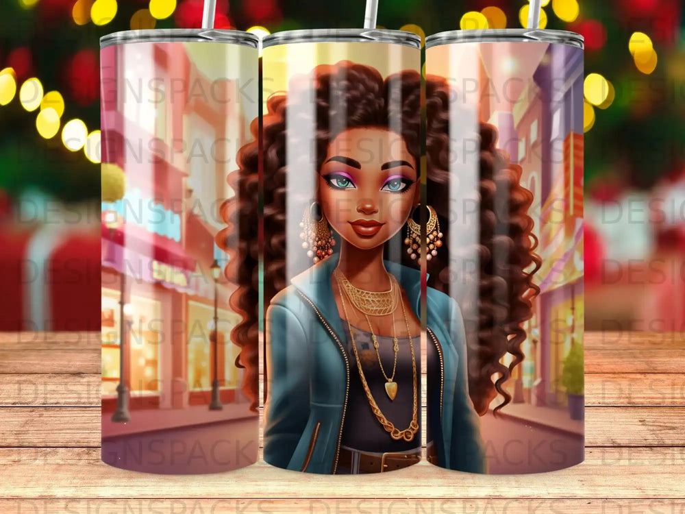 Woman with curly hair wearing a blue jacket and gold jewelry.