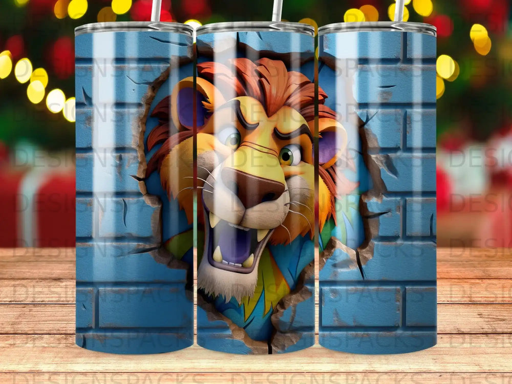 Cartoon lion bursts through a blue brick wall on a tumbler.