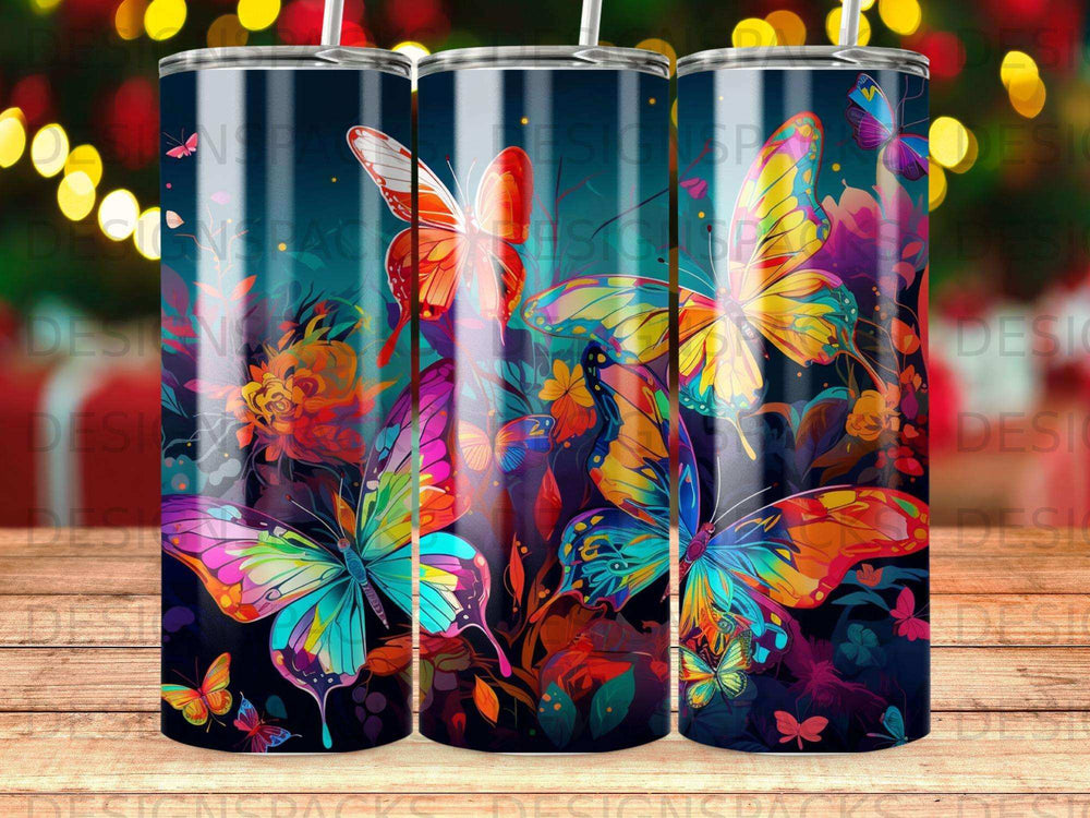 Colorful butterflies and floral patterns on a dark background.