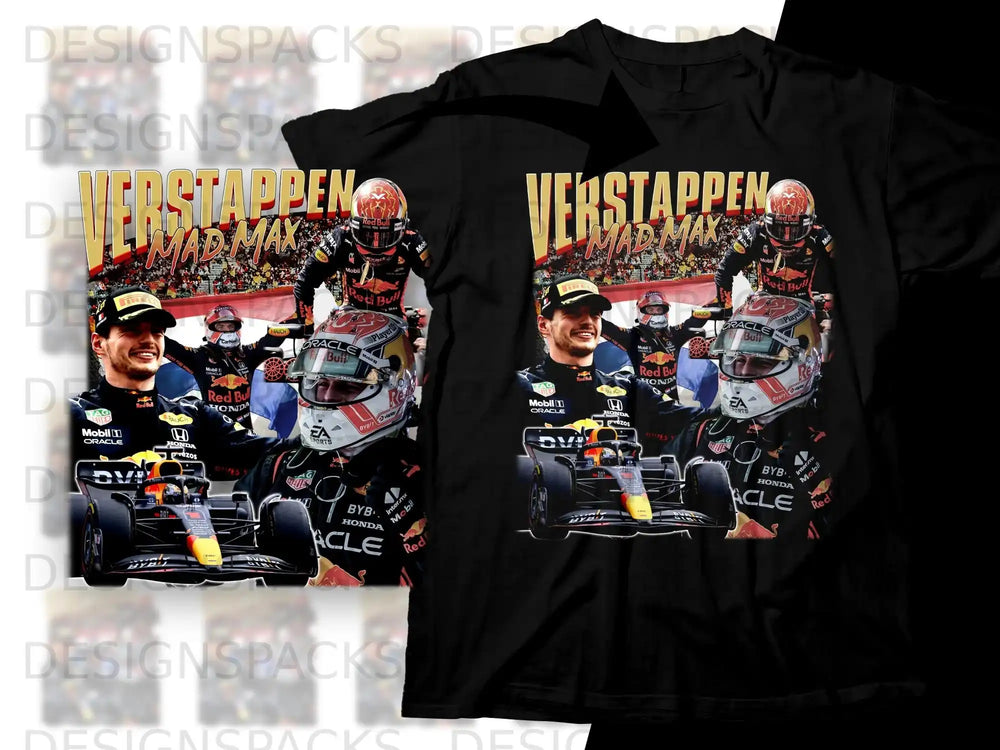 Max Verstappen in Red Bull racing suit with F1 car and sponsor logos.