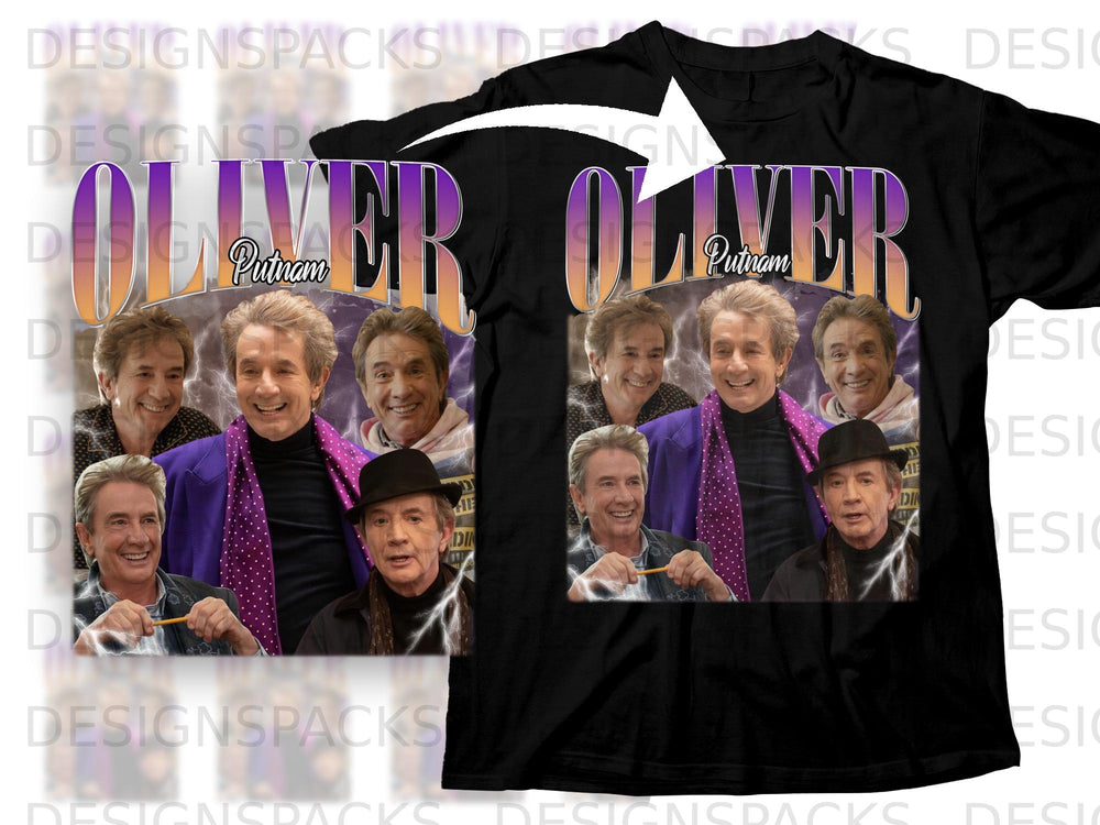 Black t-shirt with "OLIVER Putnam" text and montage of Martin Short.