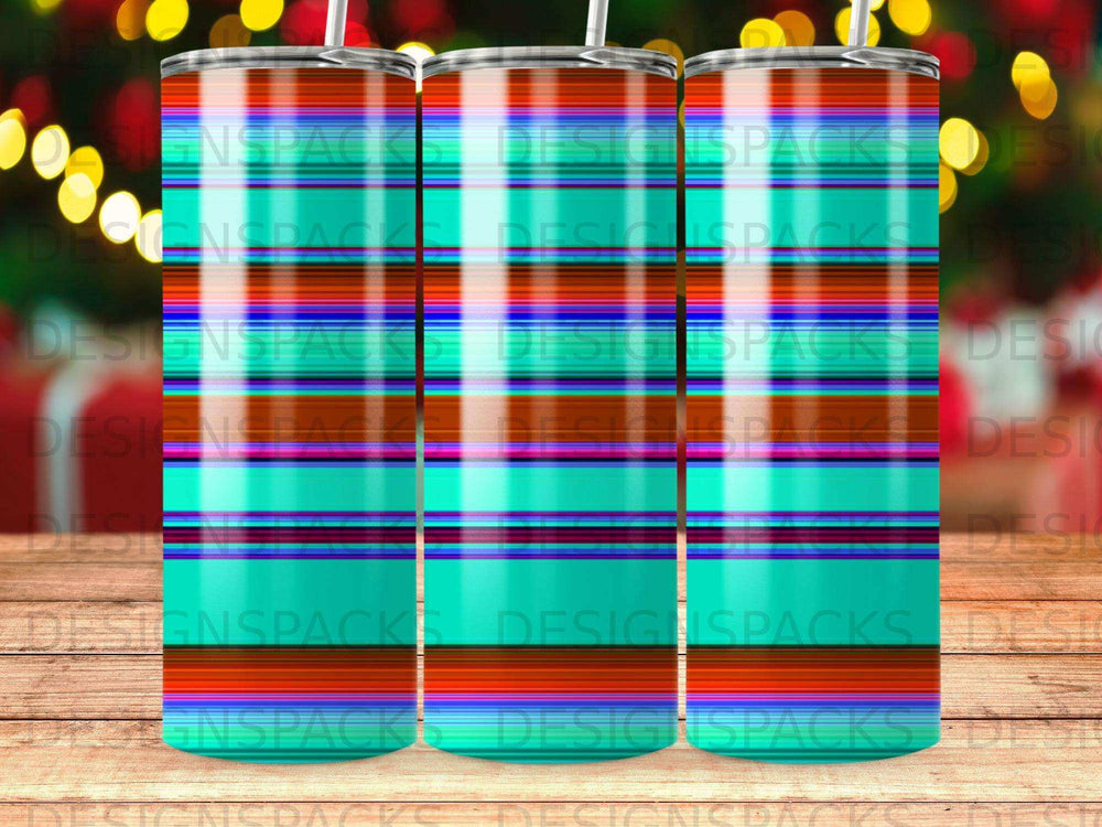 Striped tumbler with teal, orange, and red horizontal bands.