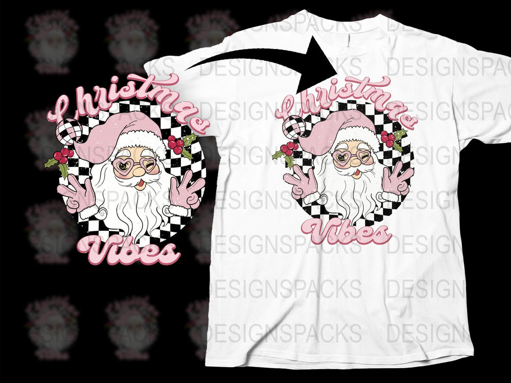 Christmas Vibes Santa T-Shirt, Festive Holiday Graphic Tee, Checkered and Floral Design, Unisex Adult Clothing