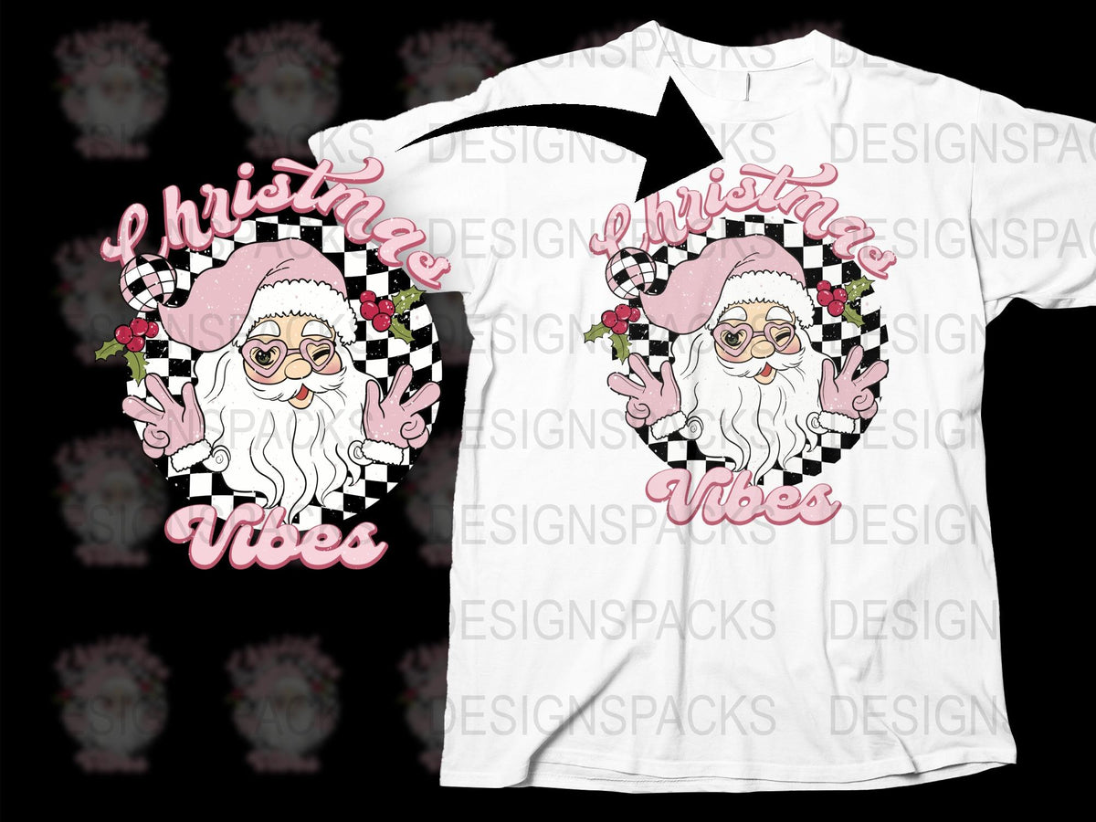 Christmas Vibes Santa T-Shirt, Festive Holiday Graphic Tee, Checkered and Floral Design, Unisex Adult Clothing
