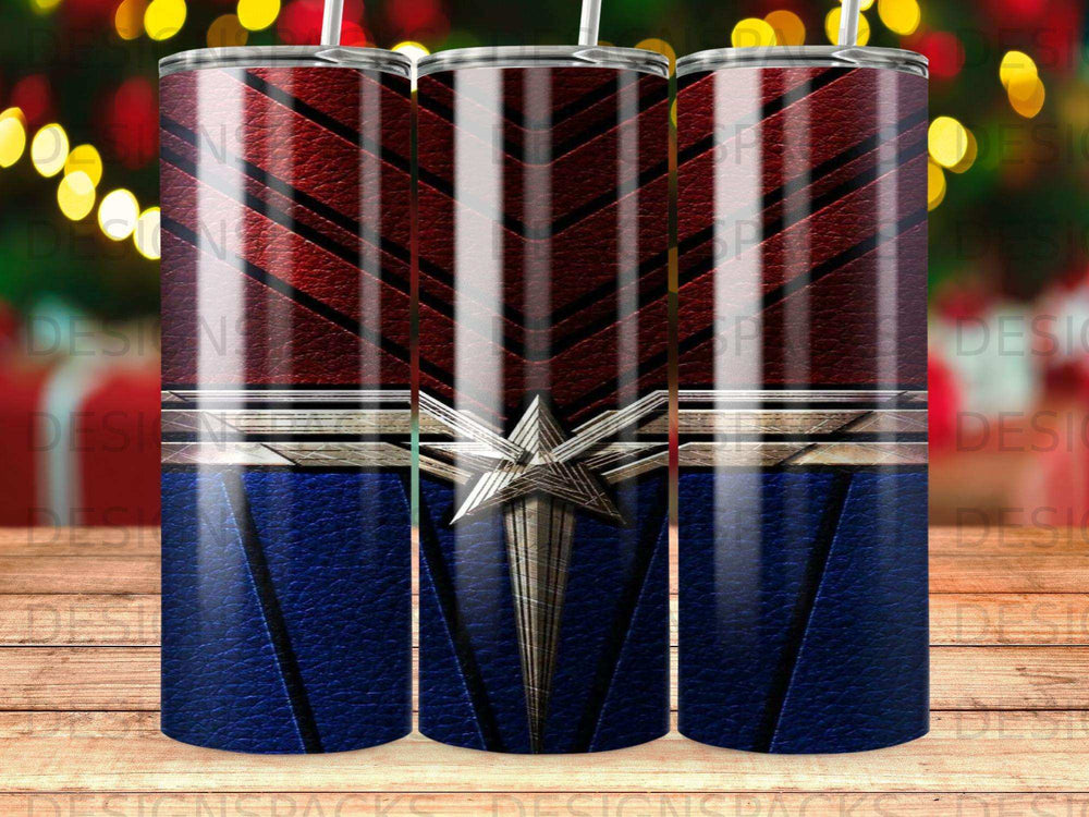 Captains Marvel inspired tumbler with red, blue, and silver star emblem.