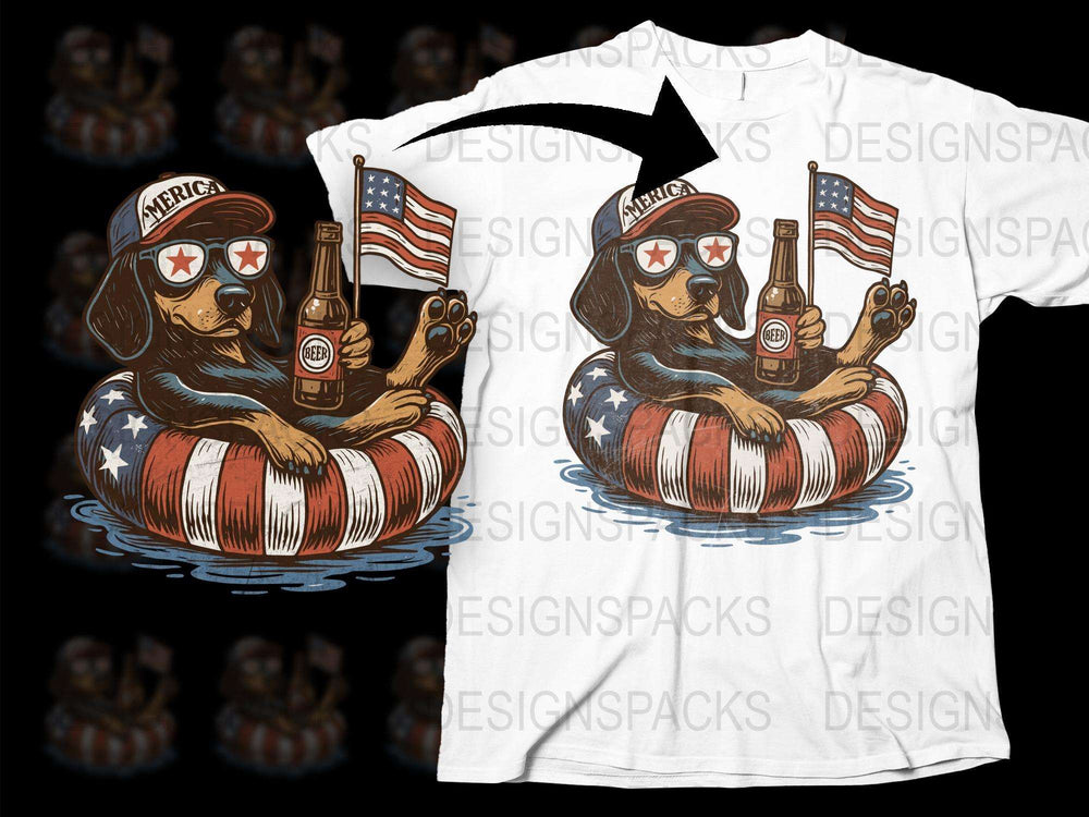 Patriotic Dog T-Shirt, American Flag Beer Summer Graphic Tee, Fun Independence Day Outfit
