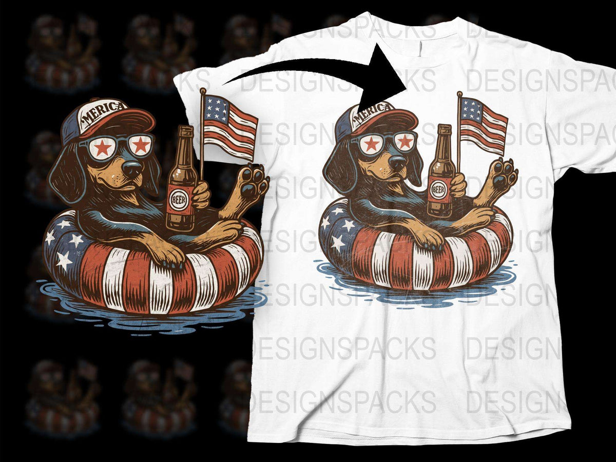 Patriotic Dog T-Shirt, American Flag Beer Summer Graphic Tee, Fun Independence Day Outfit