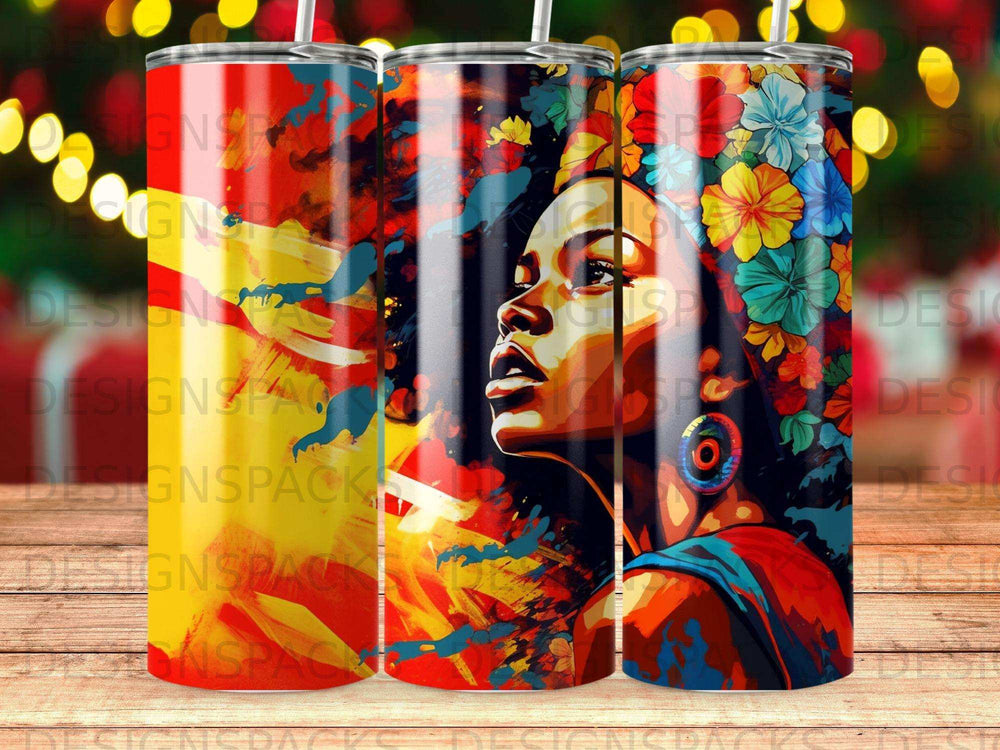 Woman's profile with colorful flowers in hair, against vibrant abstract background.