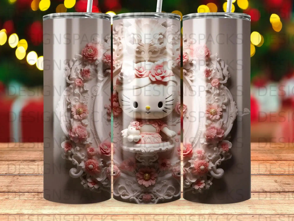 Hello Kitty wearing a pink dress with floral accents on a decorated background.