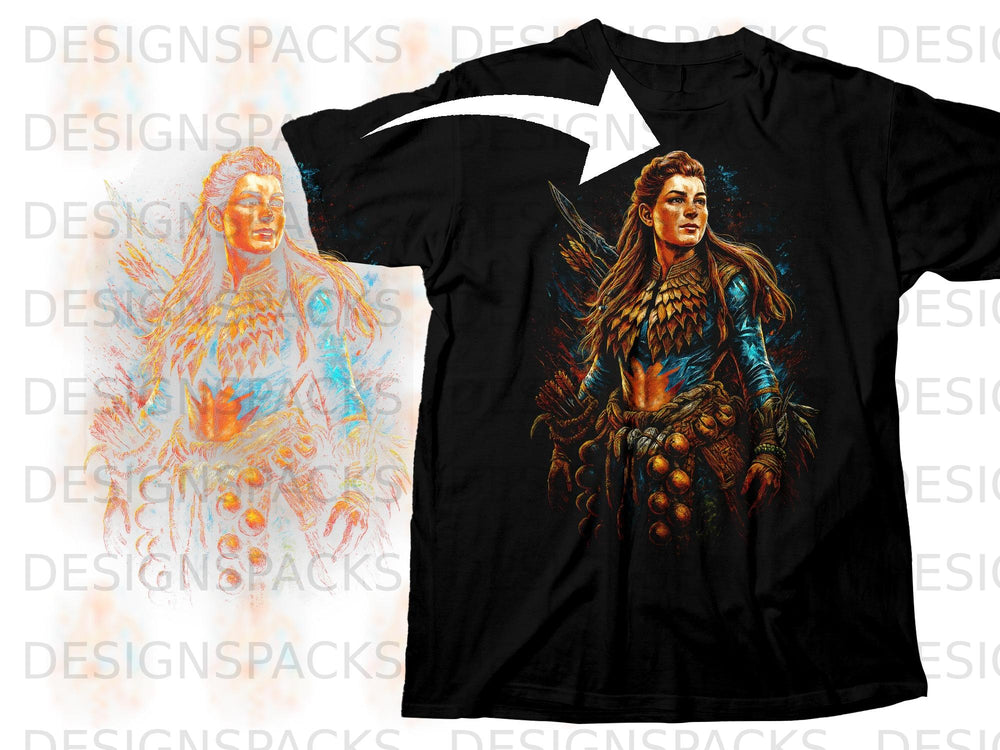 Black t-shirt with warrior woman graphic, featuring arrows and armor.