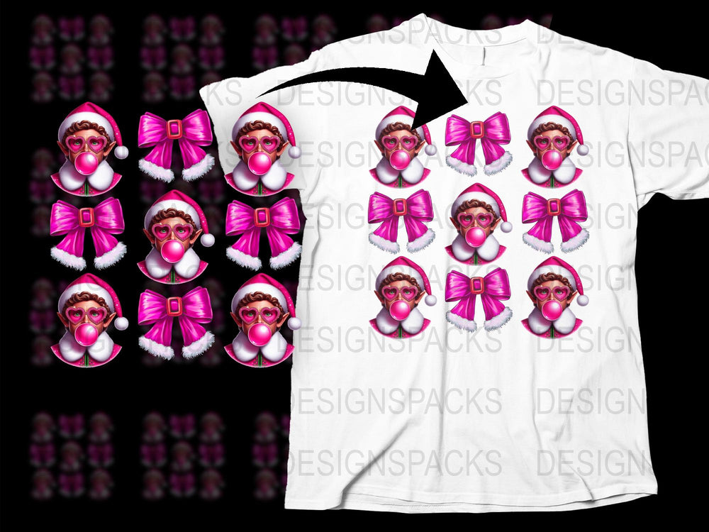 Funny Santa Face T-Shirt, Pink Bow and Glasses, Holiday Party Tee, Unique Christmas Gift Idea