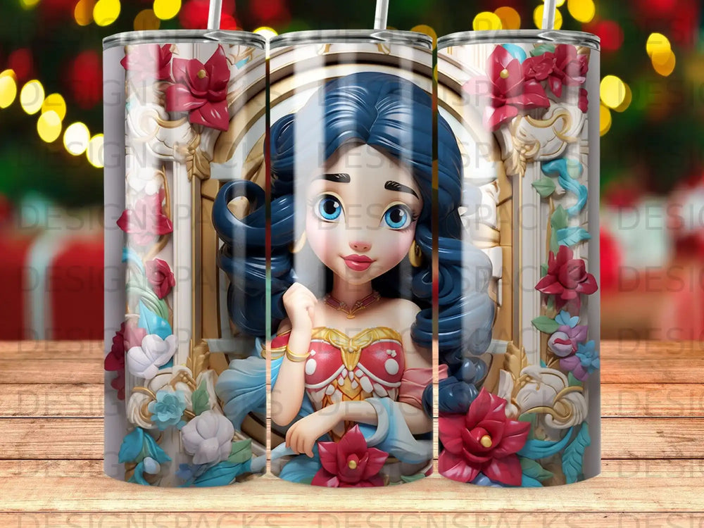 Cartoon girl in red and gold outfit with blue hair and flowers.