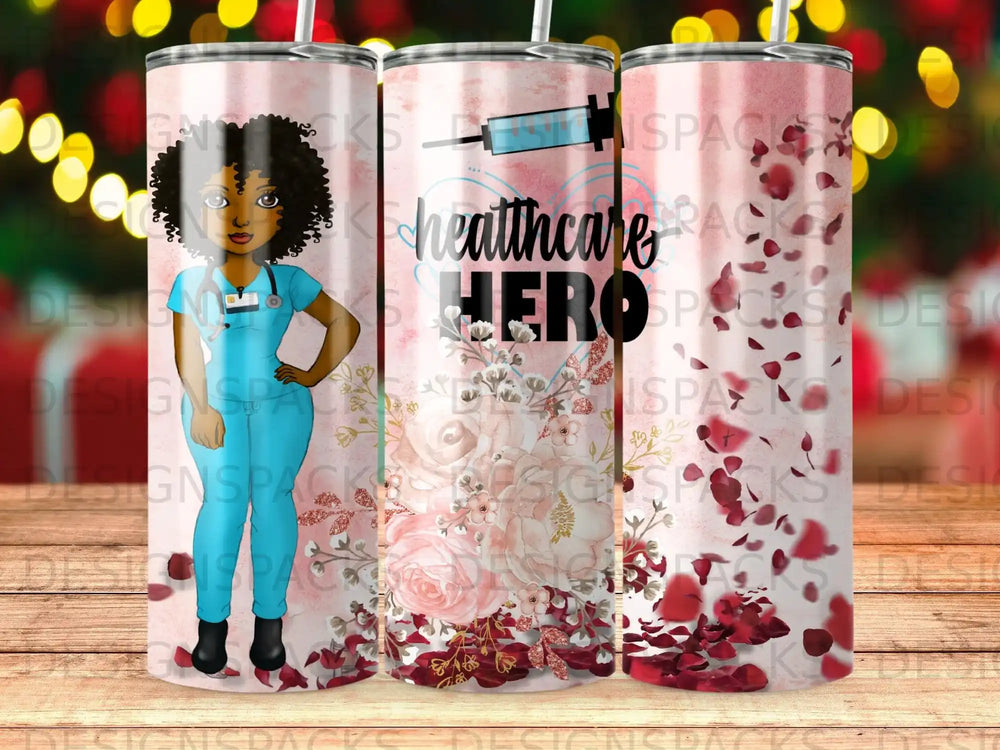 Healthcare Hero tumbler with stethoscope, syringe, and floral accents.
