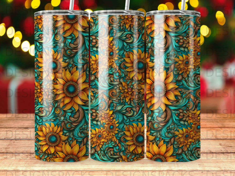 Sunflower pattern on a tumbler with a blurred festive background.