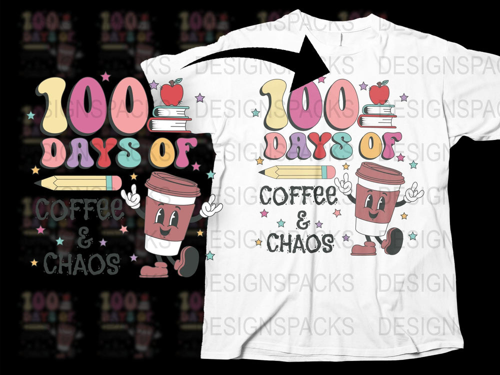 Fun 100 Days of Coffee and Chaos T-Shirt, Cute Coffee Cup Graphic Tee, Colorful Casual Shirt for Coffee Lovers