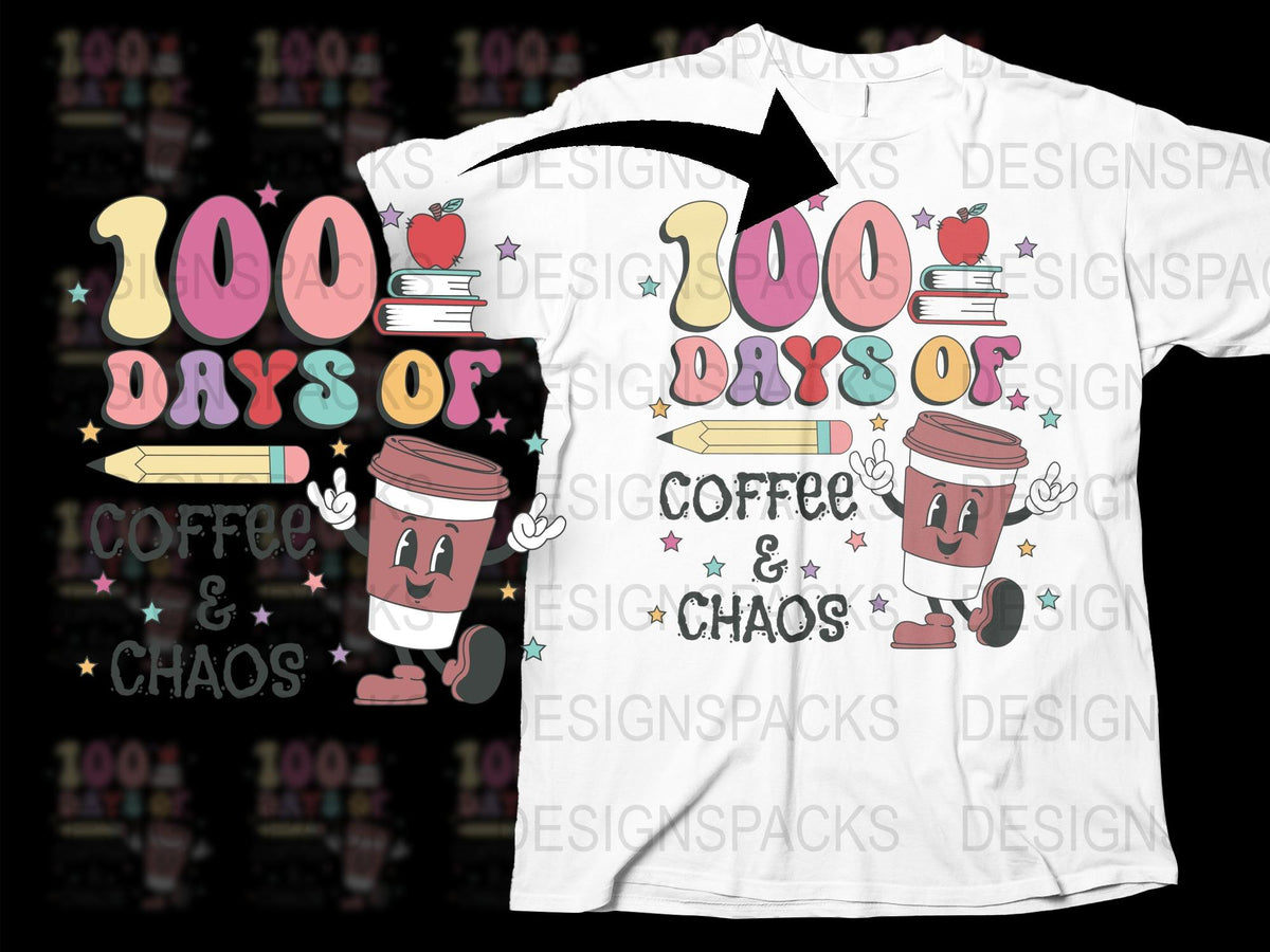 Fun 100 Days of Coffee and Chaos T-Shirt, Cute Coffee Cup Graphic Tee, Colorful Casual Shirt for Coffee Lovers