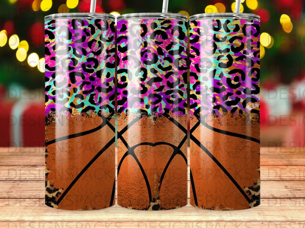 Basketball tumbler with colorful leopard print and wood grain design.