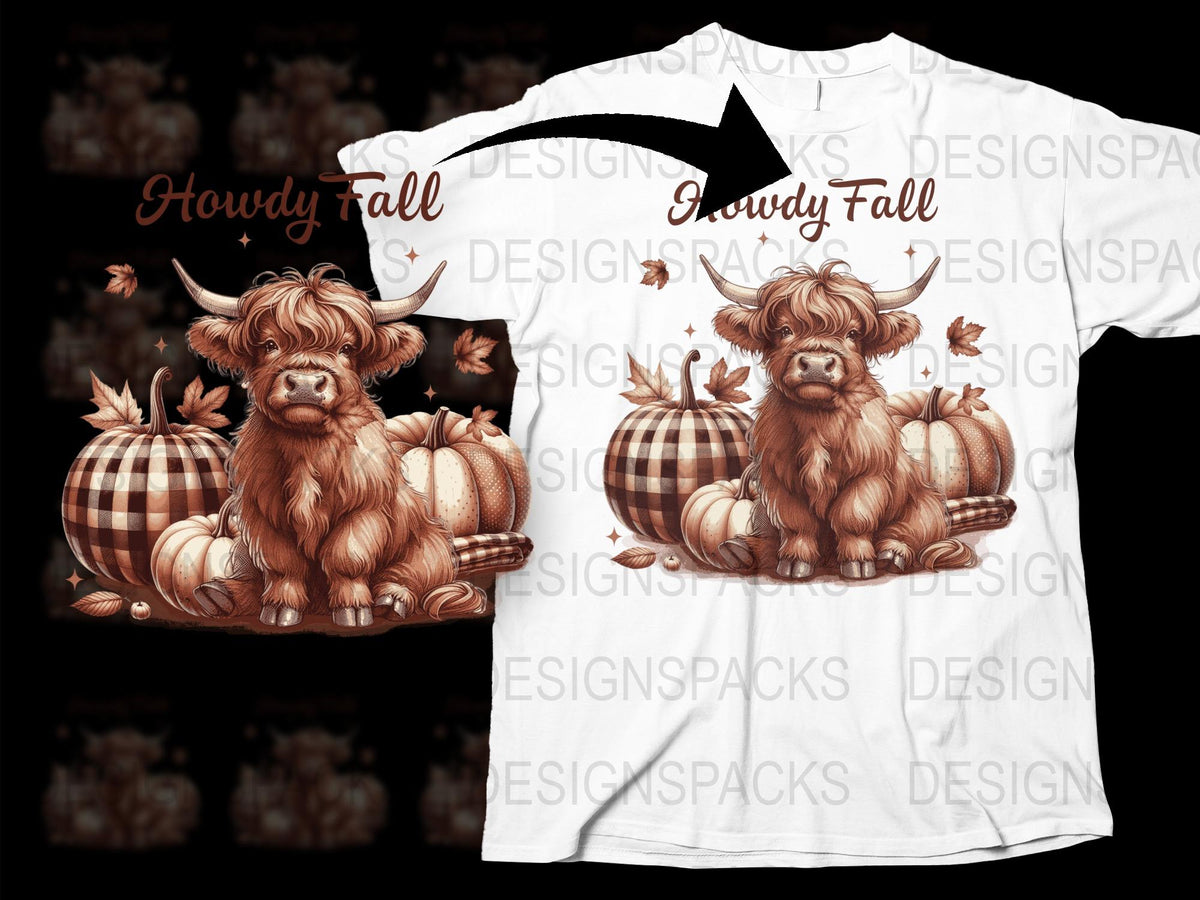 Howdy Fall Highland Cow T-Shirt, Autumn Leaves Pumpkin Design, Unisex Graphic Tee, Fall Season Apparel