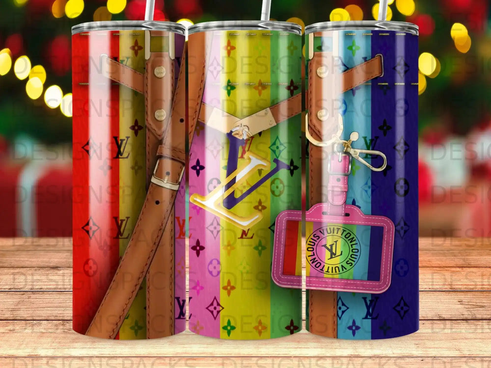 Tumbler with Louis Vuitton pattern and logo keychain.