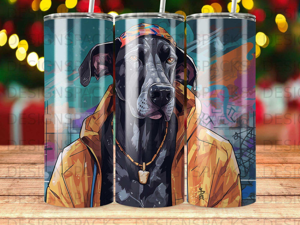 Great Dane wearing a bandana and necklace, depicted with a painterly style.