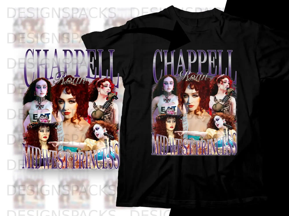 Black t-shirt featuring a collage of singer Chappell Roan with "MIDWEST PRINCESS" text.