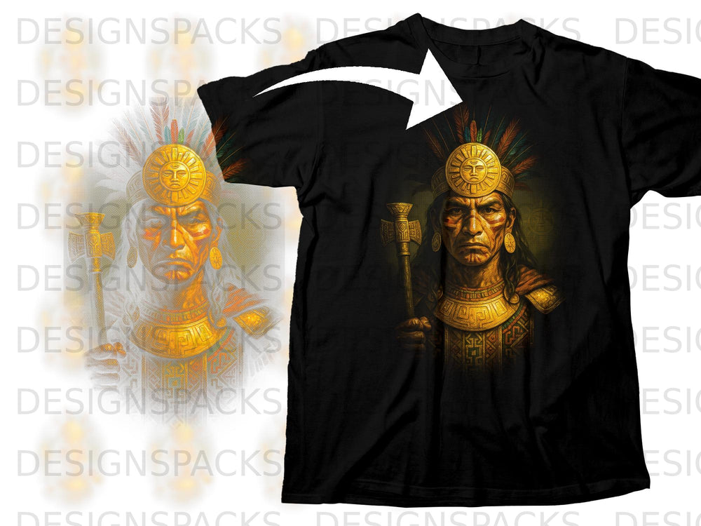 Black t-shirt featuring a portrait of a man in elaborate headdress and armor.