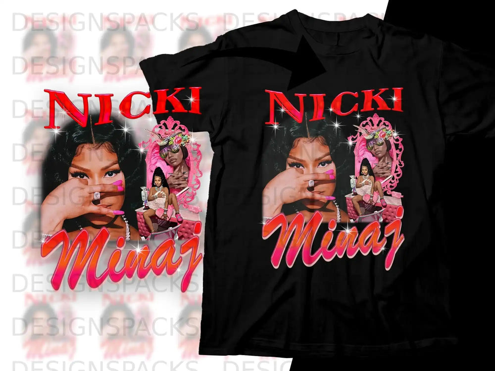 Nicki Minaj album cover art and text on black t-shirts.